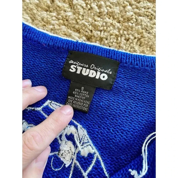 DESIGNERS ORIGINALS vintage Christmas cardigan Ugly Sweater Blue Size Small Knit - Picture 2 of 13